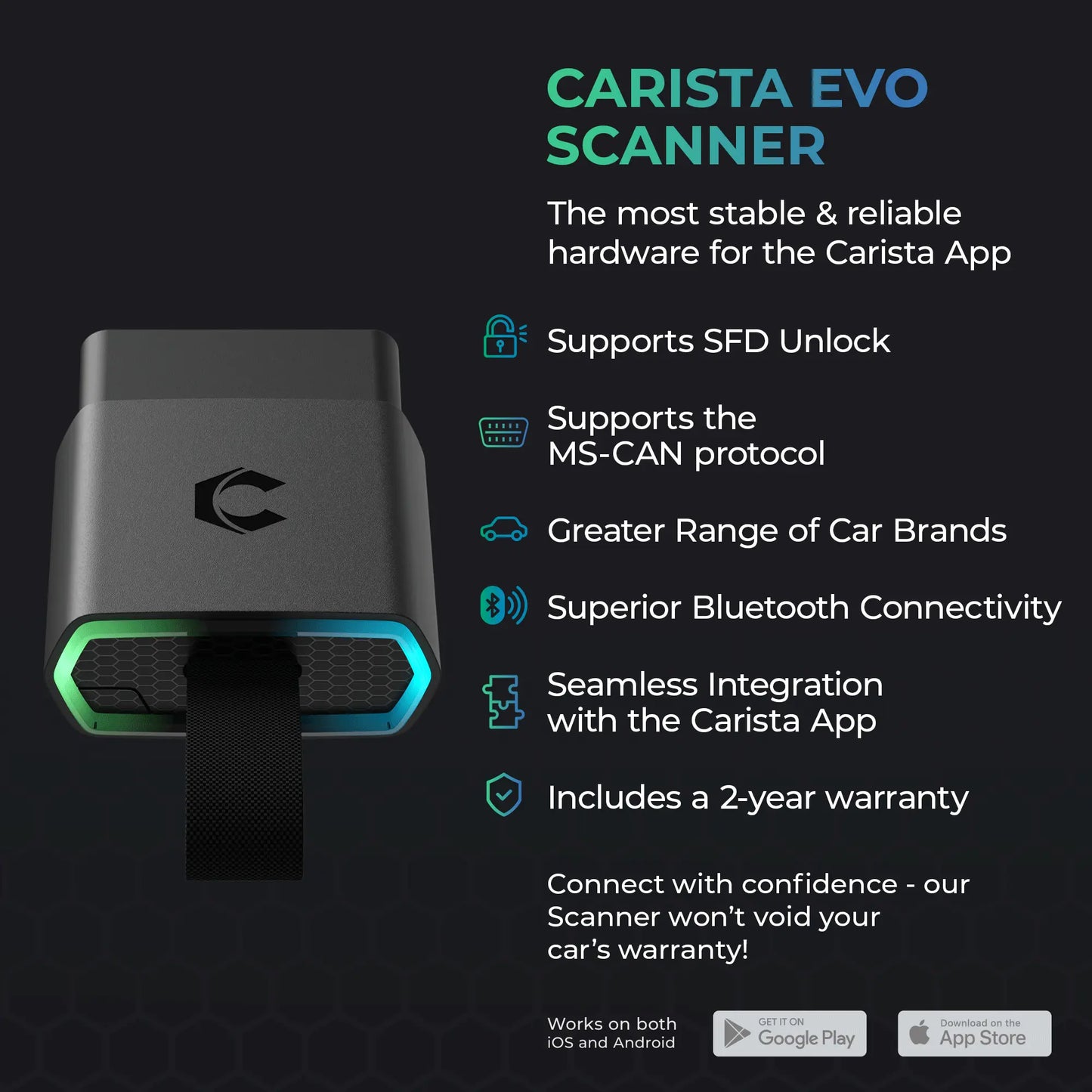 A compact, black Carista EVO Scanner with an illuminated hexagonal port is displayed.