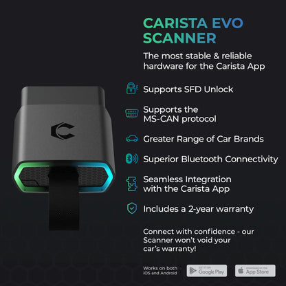 A compact, black Carista EVO Scanner with an illuminated hexagonal port is displayed.
