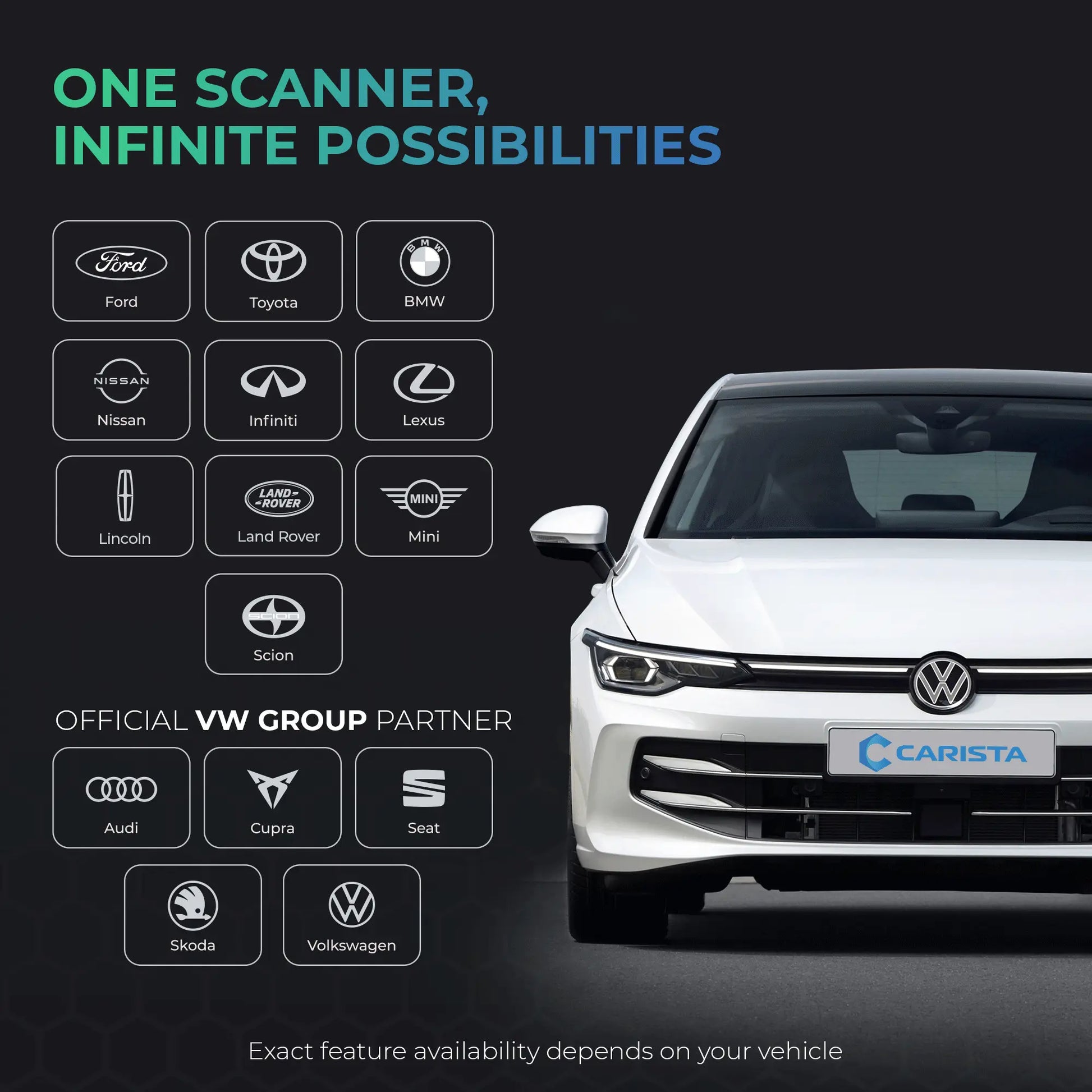 Carista OBD2 scanner promotional image with a white Volkswagen Golf showcasing Carista support for various car brands, including Ford, Toyota, BMW, and VW Group brands